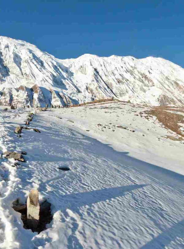 a group of three person taking picture of trail covered with snow enroute to Tilicho lake trek