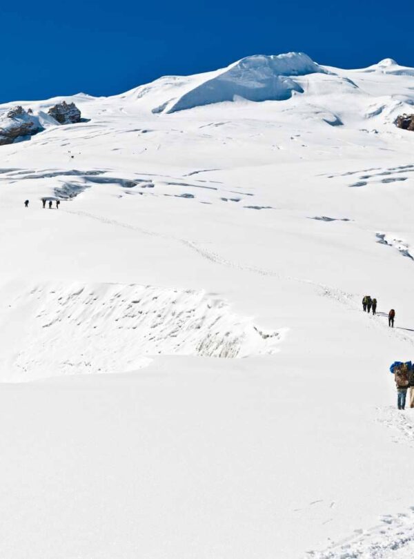 Mountaineers climbing through high altitude snow glacier Mera Peak Climbing Himalayas Nepal